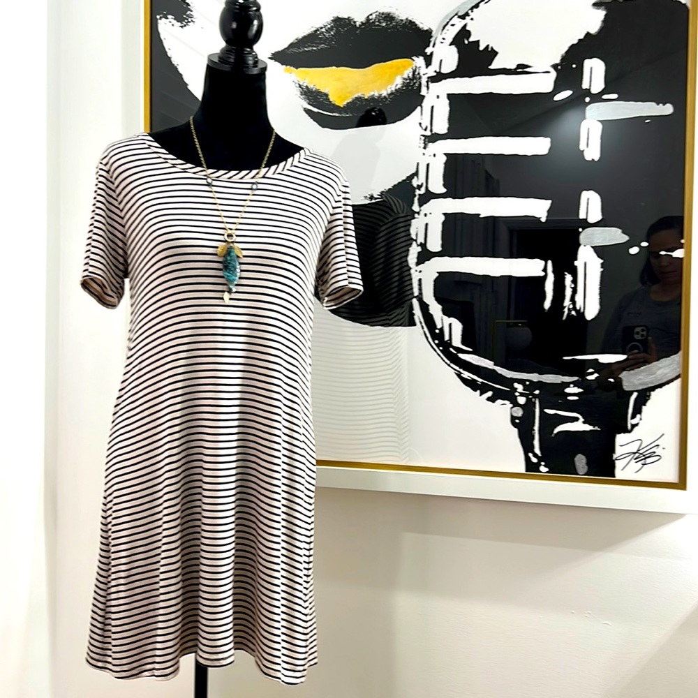 NWT Olivia Rae Striped Tan and Black Short-sleeve Swing Dress, Size L